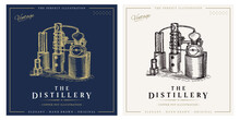 Distillery Whiskey Vintage Logo Alcohol Distillation Process Illustration