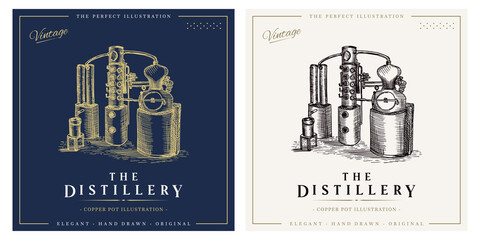 Distillery whiskey vintage logo alcohol distillation process illustration