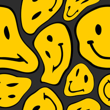 Vector Seamless Trendy Pattern With Smileys. Hippie Indi Textures With Happy Trippy Emoji. Psychedelic Liquid Background