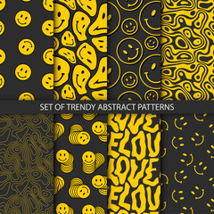 Set of 8 vector trendy patterns with smileys. Hippie indi textures with happy trippy emoji. Psychedelic liquid backgrounds