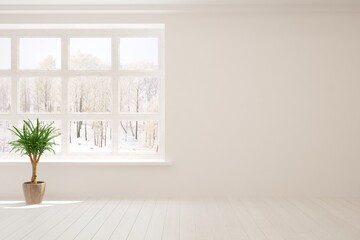 Mock up of empty room in white color with winter landscape in window. Scandinavian interior design. 3D illustration