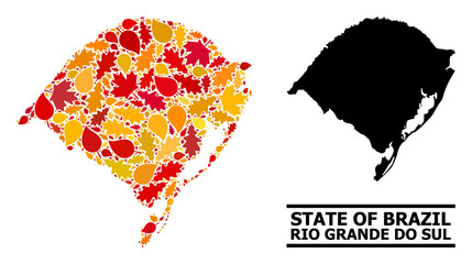 Sticker - Mosaic autumn leaves and solid map of Rio Grande do Sul State. Vector map of Rio Grande do Sul State is made from randomized autumn maple and oak leaves. Abstract territorial plan in bright gold, red,