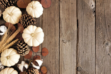 Fall side border of white pumpkins with muted brown autumn decor. Top view on a rustic dark wood background with copy space.