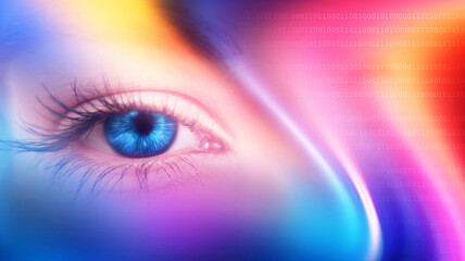 Close-up biometric scan of a female eye. The concept of modern virtual reality. Female eye on a dark abstract background. Neon glow, hologram.