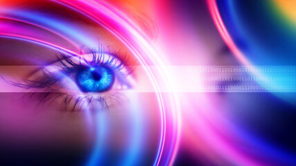 Wall Mural - Close-up biometric scan of a female eye. The concept of modern virtual reality. Female eye on a dark abstract background. Neon glow, hologram.