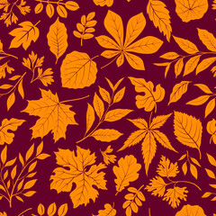 Wall Mural - Autumn leaves stylish background. Fall seamless pattern with hand drawn leaves. Seasonal nature backdrop