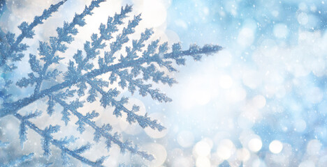 Wall Mural - beautiful christmas or winter background with snowy and icy branches of plants on shiny bokeh backdr