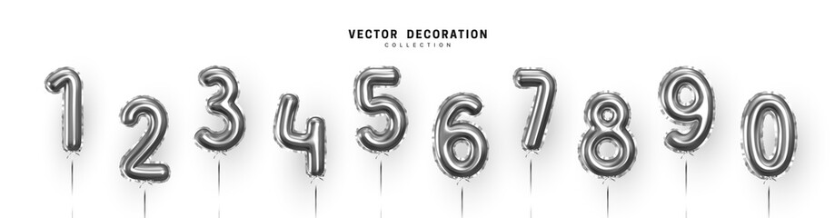 Poster - Silver Number Balloons 0 to 9. Foil and latex balloons. Helium ballons. Party, birthday, celebrate anniversary and wedding. Realistic design elements. Festive set isolated. vector illustration