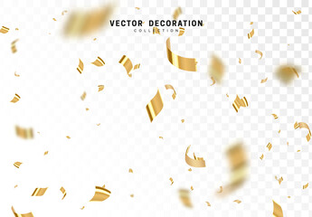 Wall Mural - Falling shiny golden confetti isolated on transparent background. Bright festive tinsel of gold color.