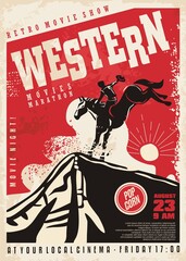 western movies poster template with cowboy riding the horse in arizona landscape. wild west sunset v