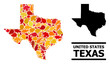 © Sergey - Mosaic autumn leaves and solid map of Texas State. Vector map of Texas State is formed with randomized autumn maple and oak leaves. Abstract territorial plan in bright gold, red,