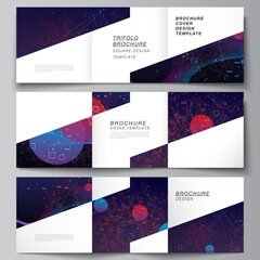 Vector layout of square covers templates for trifold brochure, flyer, cover design, book design, brochure cover. Artificial intelligence, big data visualization. Quantum computer technology concept.