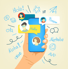 Poster - Human gesture using modern smartphone. Say hallo in different languages