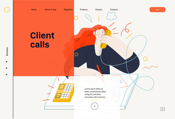 Wall Mural - Business topics - client calls, web template. Flat style modern outlined vector concept illustration. A red-haired woman talking to a client by the phone at the office desk. Business metaphor.