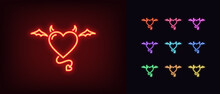 Neon Devil Heart, Glowing Icon. Neon Demon Heart With Wings, Tail And Horns. Flying Evil Love