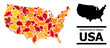 © Sergey - Mosaic autumn leaves and usual map of USA. Vector map of USA is shaped of scattered autumn maple and oak leaves. Abstract territorial scheme in bright gold, red, brown colors for map of USA.