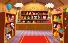 Toy Shop With Shelves Of Toys. Big Set Of Colorful Toys For Children. Cartoon Vector Illustration.