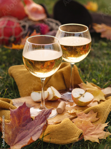 Two glasses with white wine stand on a wooden board. Fresh apples are cut for a snack. Nearby are yellow maple leaves. Autumn still life. Alcoholic drinks. Evening with wine. Picnic with wine.