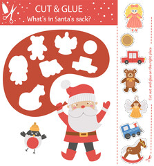 Vector Christmas cut and glue activity. Winter educational crafting game with cute Santa Claus, Bullfinch and toys. Fun activity for kids. What’s in Santa’s sack?.