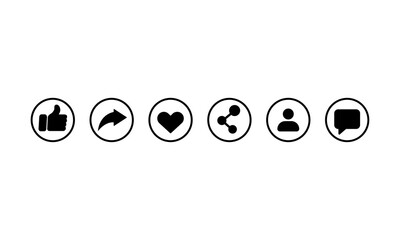 Poster - Social network icon set in black. Like, share, heart, follow, message sign. Vector EPS 10. Isolated on white background