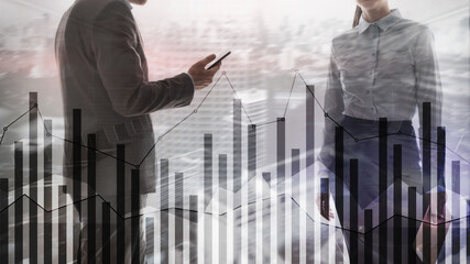 Wall Mural - Business people silhouettes with forex chart on blurry city background. Teamwork, finance and success concept. Mixed Media.