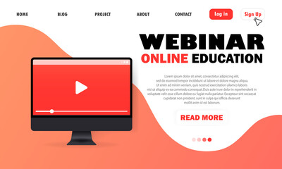 Poster - Online video tutorials education in Computer. Play lesson concept. Webinar. Online education, courses. Computer with play button. Modern flat design of online education for the site and mobile site.