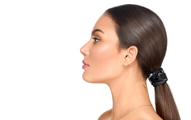 Wall Mural - beautiful profile face of young woman with clean fresh skin close up, isolated on white. beauty port