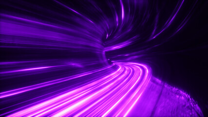 Poster - The speed of digital lights, neon beams moving through the tunnels of digital technology. Space time concept. 3d illustration