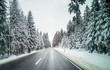 Asphaltstraße durch schneebedeckten Wald
