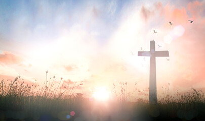Wall Mural - Easter Religious concept: The cross on meadow autumn sunrise background