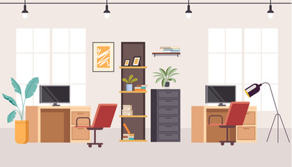 Wall Mural - Office interior furniture workplace concept. Vector flat graphic design illustration