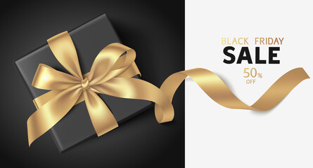 Wall Mural - Black friday sale design template. Text with black gift box and gold bow with long golden ribbon. Vector illustration