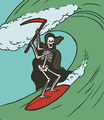 Wall Mural - Death surfing. Skeleton in black cape with scythe on surfboard riding wave. Funny t-shirt print with laughing skeleton.