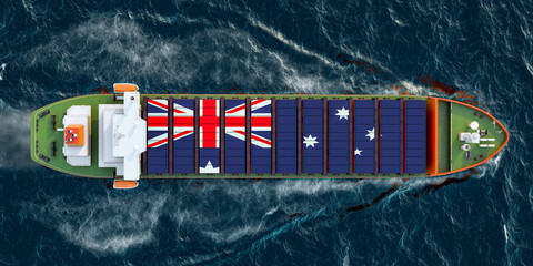 Poster - Freighter ship with Australian cargo containers sailing in ocean, 3D rendering
