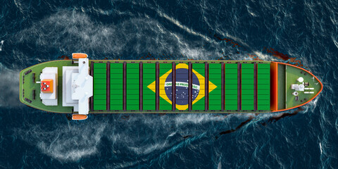 Poster - Freighter ship with Brazilian cargo containers sailing in ocean, 3D rendering