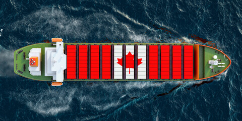 Poster - freighter ship with canadian cargo containers sailing in ocean, 3d rendering