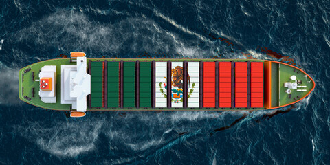 Poster - Freighter ship with Mexican cargo containers sailing in ocean, 3D rendering