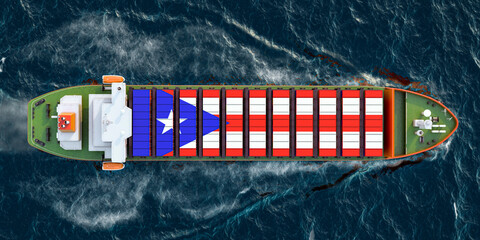 Poster - Freighter ship with Puerto Rican cargo containers sailing in ocean, 3D rendering