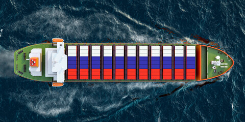 Poster - Freighter ship with Russian cargo containers sailing in ocean, 3D rendering