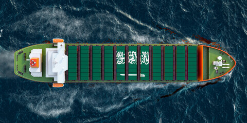 Poster - freighter ship with saudi arabian cargo containers sailing in ocean, 3d rendering