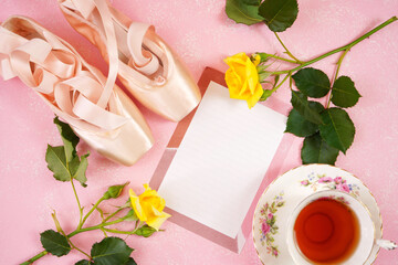 Wall Mural - Pointe Ballet Shoes Aesthetic theme desktop workspace background on stylish pink textured background. Top view blog hero header creative composition flat lay. Negative copy space.
