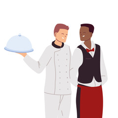 Poster - smiling waiter and chef man with tray