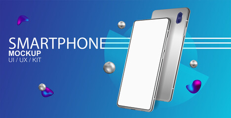 Wall Mural - Web banner Smartphones in rotated position. Cell Phones from different angles and design fluid on blue background. Template banner for presentation. 3D mobile phone. Vector