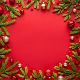 Fototapeta Konie - Christmas card with round frame on red background