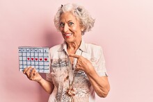 Senior Grey-haired Woman Holding Heart Calendar Smiling Happy Pointing With Hand And Finger
