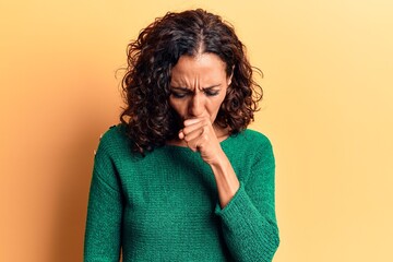 Wall Mural - Middle age beautiful woman wearing casual sweater feeling unwell and coughing as symptom for cold or bronchitis. health care concept.