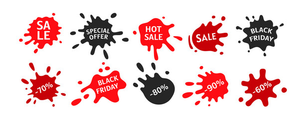 Wall Mural - Black Friday sale splash shape set. Template decorative shapes liquids, black and red ink splatter collection. Stain ink collection, paint blob, spatters cartoon style. Vector illustration