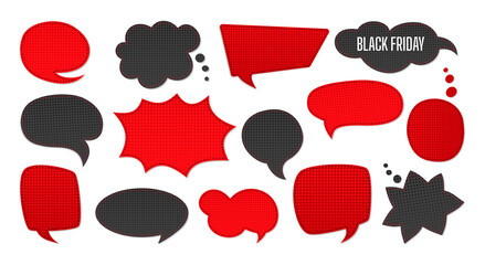 Wall Mural - Black Friday sale Speech bubble set. Template advertising patches scrapbook of sales, promotion. Halftone dot background, black and red. Comic 80s-90s style collection. Isolated vector illustration