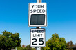 Your Speed, a radar speed sign that displays vehicle speed as motorists approach. 25 mph speed limit sign in residential neighborhood