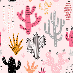Canvas Print - Seamless Cacti pattern. Cute colorful hand drawn background.